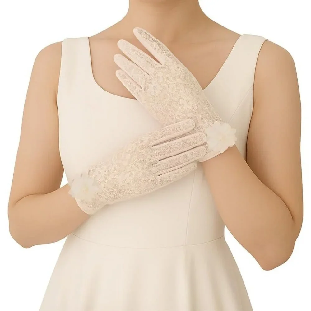 Women's Embroidery Beige Short Lace Wrist Gloves Design Party Accessories - Picture 2 of 7